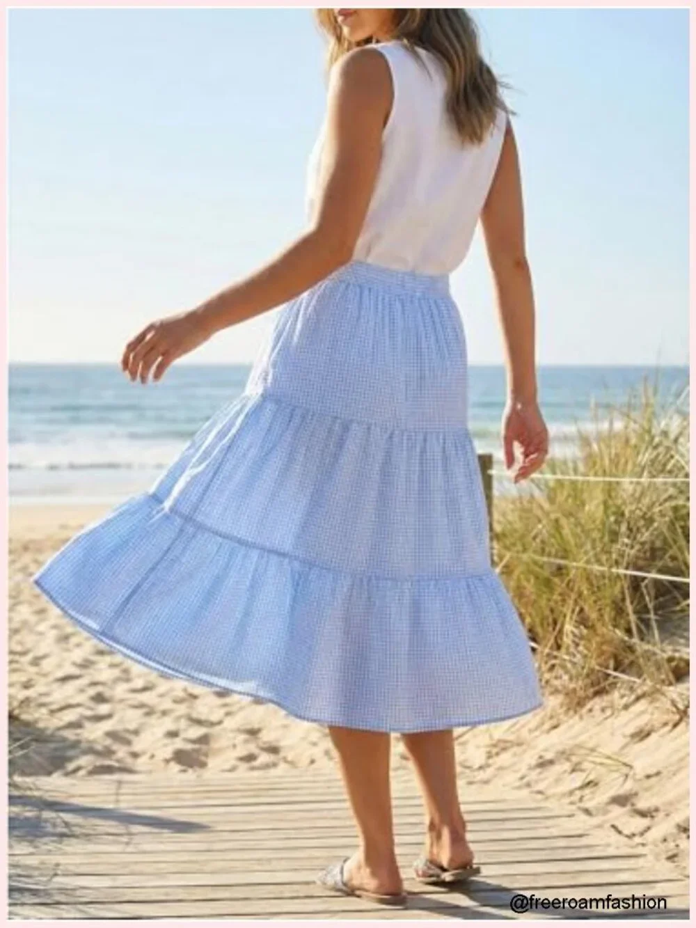 Women's Gingham Skirt Midi A-Line Tiered with Pockets Drawstring Waist